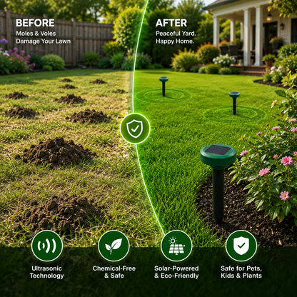 Before and after: mole-damaged lawn vs peaceful green yard